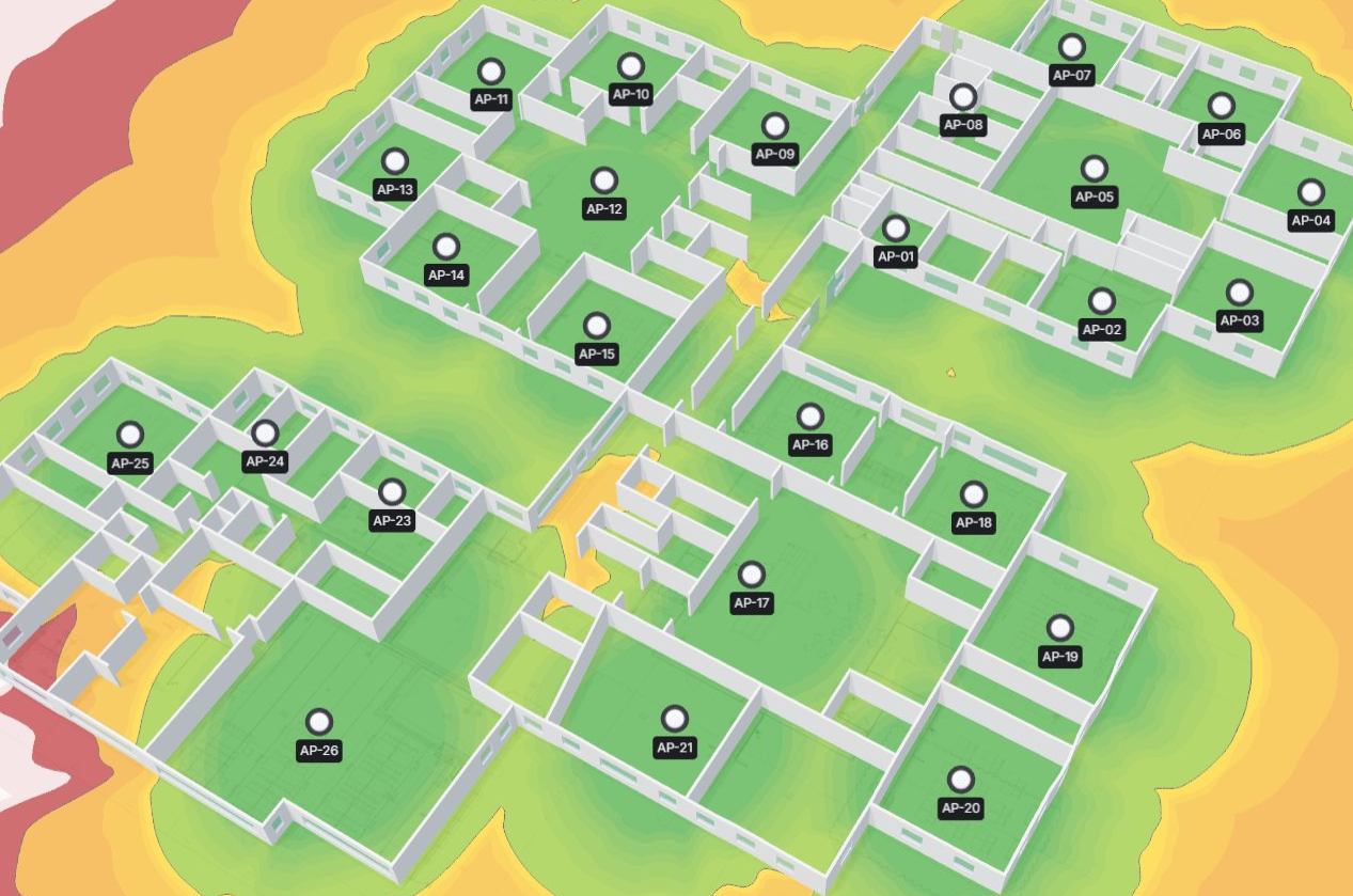 Heatmap över trådlös täckning med placerade accesspunkter i skolan