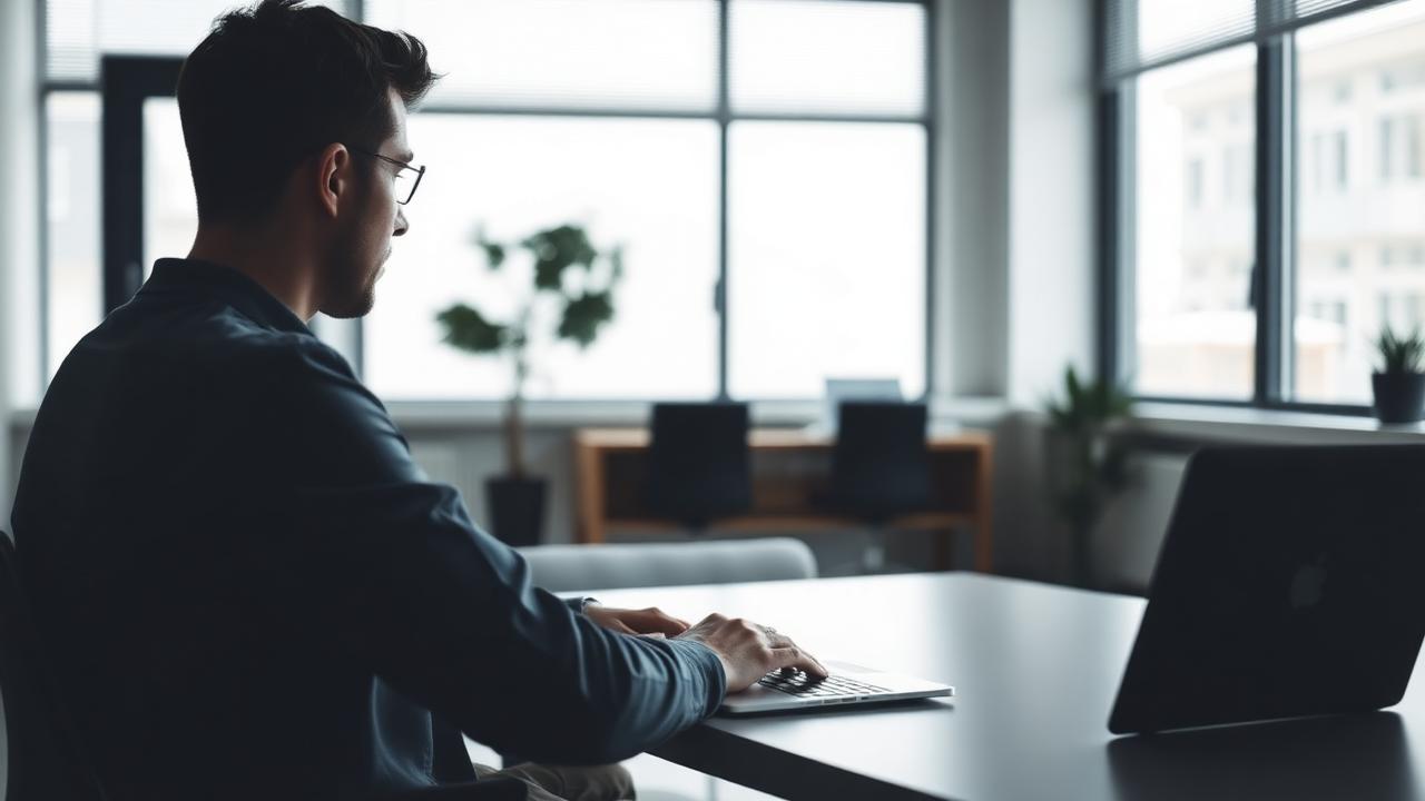 Person i ett ljust kontorslandskap som arbetar på en laptop