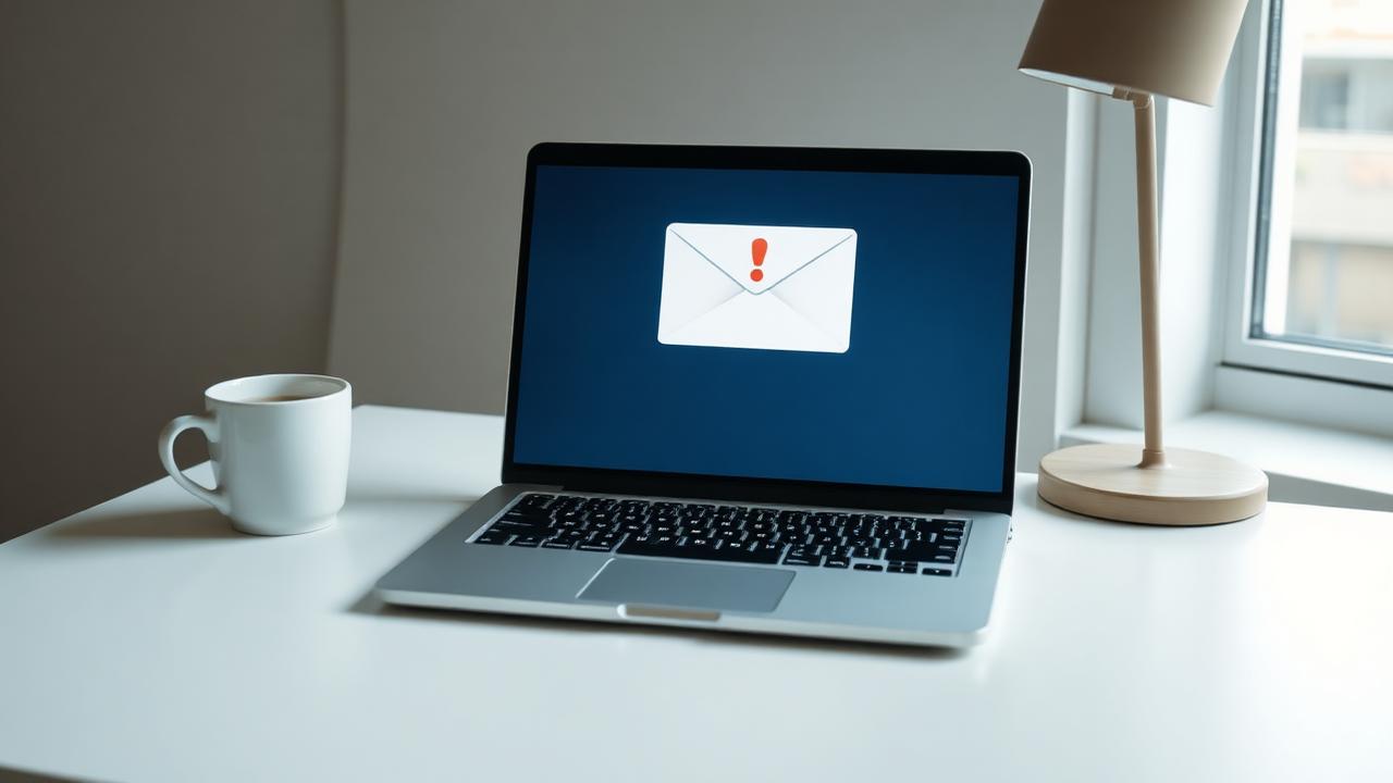 Laptop med ett varnande mejl med utropstecken på skärmen
