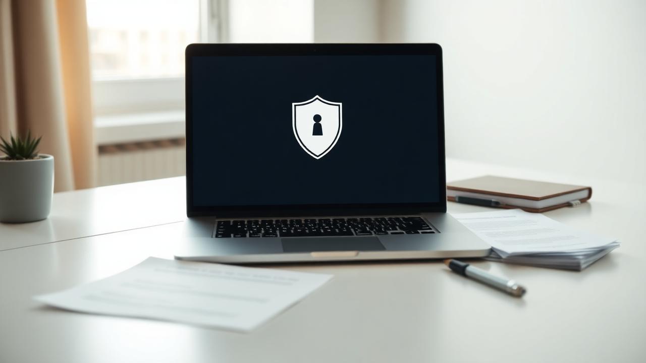 Laptop med sköldikon på skärmen bredvid dokument på ett ljust skrivbord