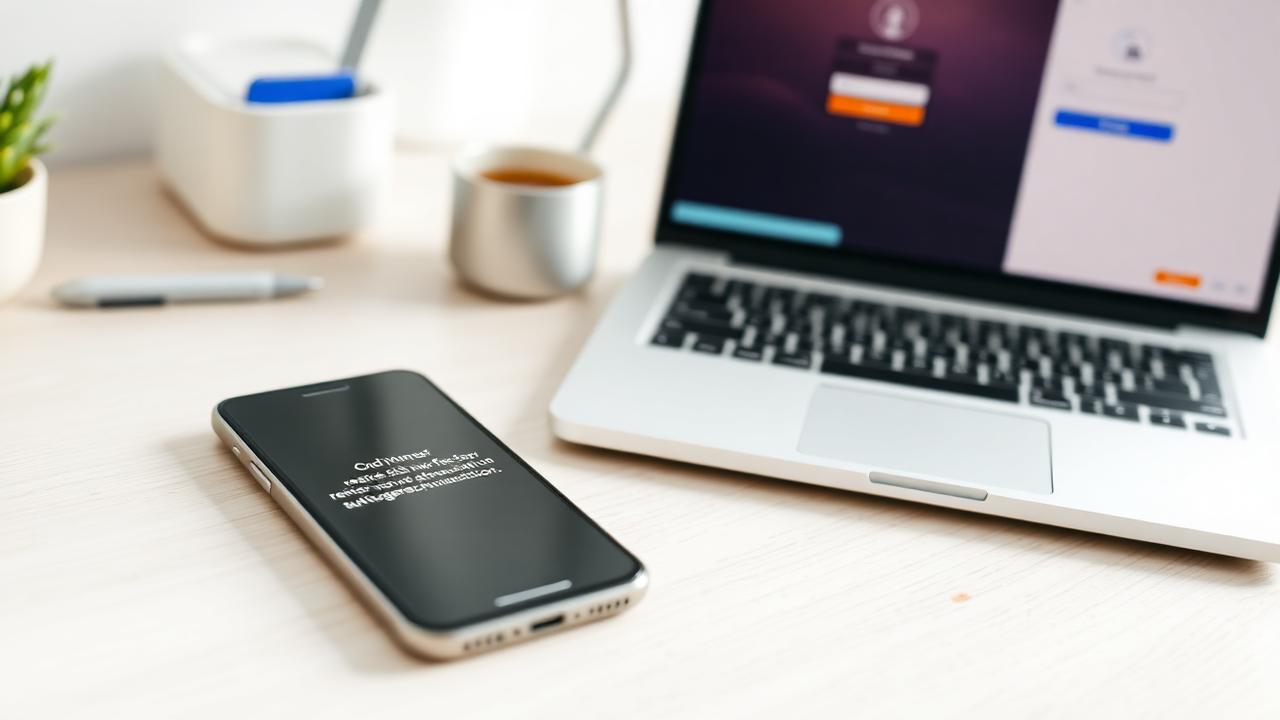 Smartphone på ett skrivbord bredvid en laptop som visar inloggningsskärm med varning om att SMS-2FA fasas ut