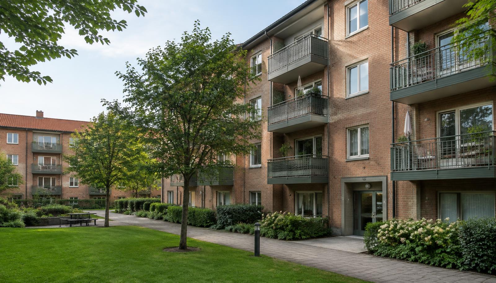 Flerbostadshus i en bostadsrättsförening med grön innergård
